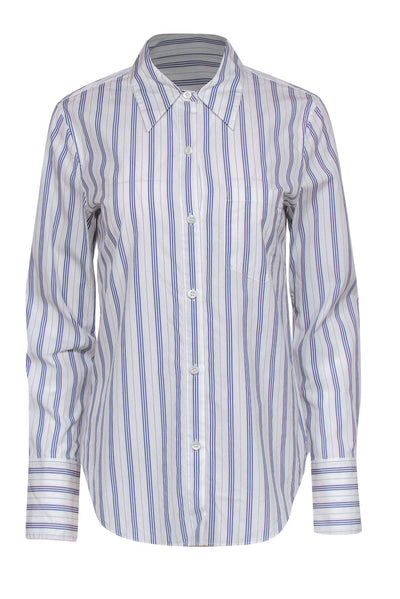 Current Boutique-Theory - White & Blue Striped Long Sleeve Button-Up Blouse Sz M