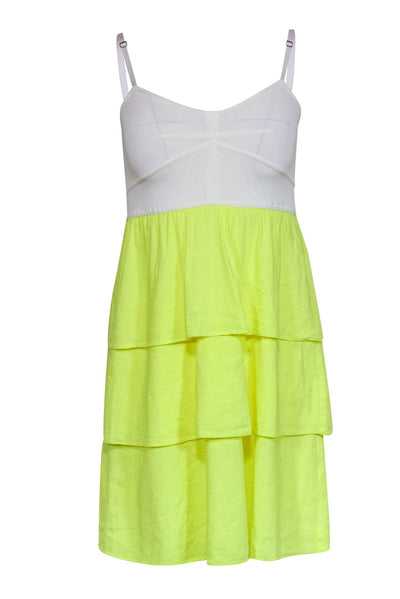Current Boutique-Theory - White Tank & Yellow Layered Ruffle Skirt Linen Blend Sundress Sz P