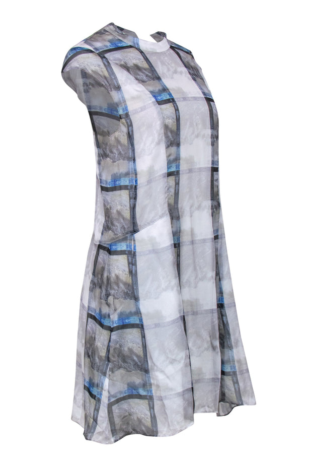 Current Boutique-Theyskens' Theory - Grey, Blue & Green Grid Print Cap Sleeve Silk Shift Dress Sz 6