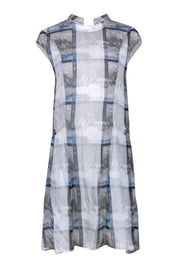 Current Boutique-Theyskens' Theory - Grey, Blue & Green Grid Print Cap Sleeve Silk Shift Dress Sz 6