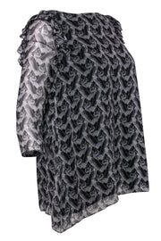 Current Boutique-Thomas Wylde - Black & Grey Bird Print Long Sleeve Ruffle Blouse Sz S