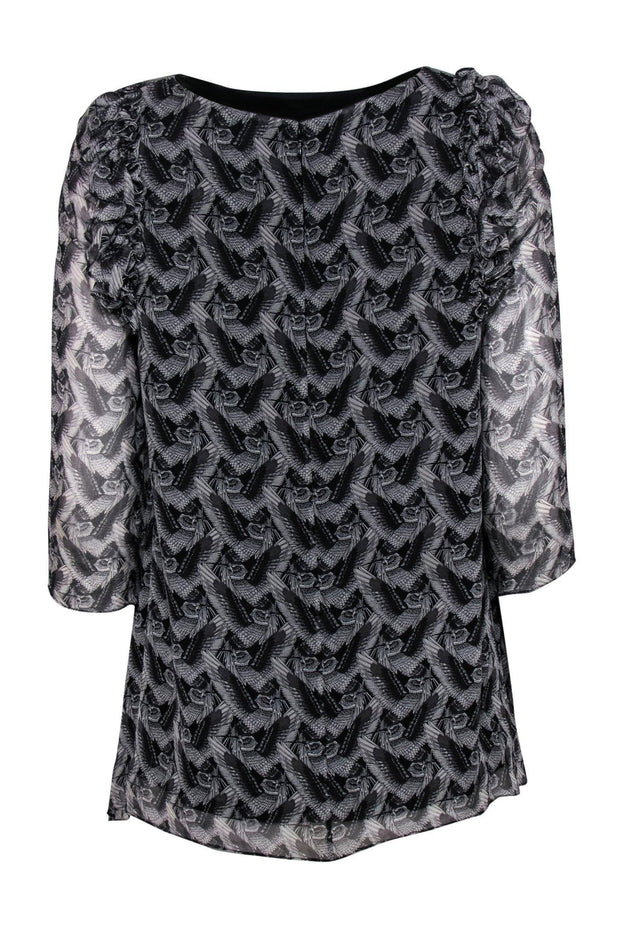 Current Boutique-Thomas Wylde - Black & Grey Bird Print Long Sleeve Ruffle Blouse Sz S