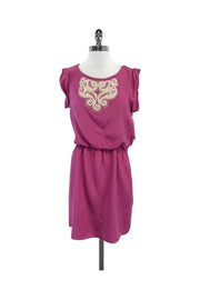 Current Boutique-Tibi - Amaranth Pink & White Beaded Silk Short Sleeve Dress Sz 6
