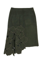 Current Boutique-Tibi - Army Green Wool Blend A-Line Skirt w/ Asymmetrical Hem & Laser Cut Design Sz L