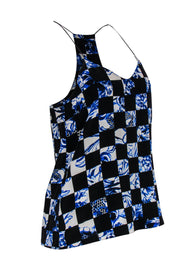 Current Boutique-Tibi - Black & Blue Floral Checkerboard Silk Tank Sz 4