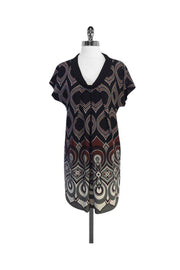 Current Boutique-Tibi - Black & Maroon Print Silk Short Sleeve Shift Dress Sz 6