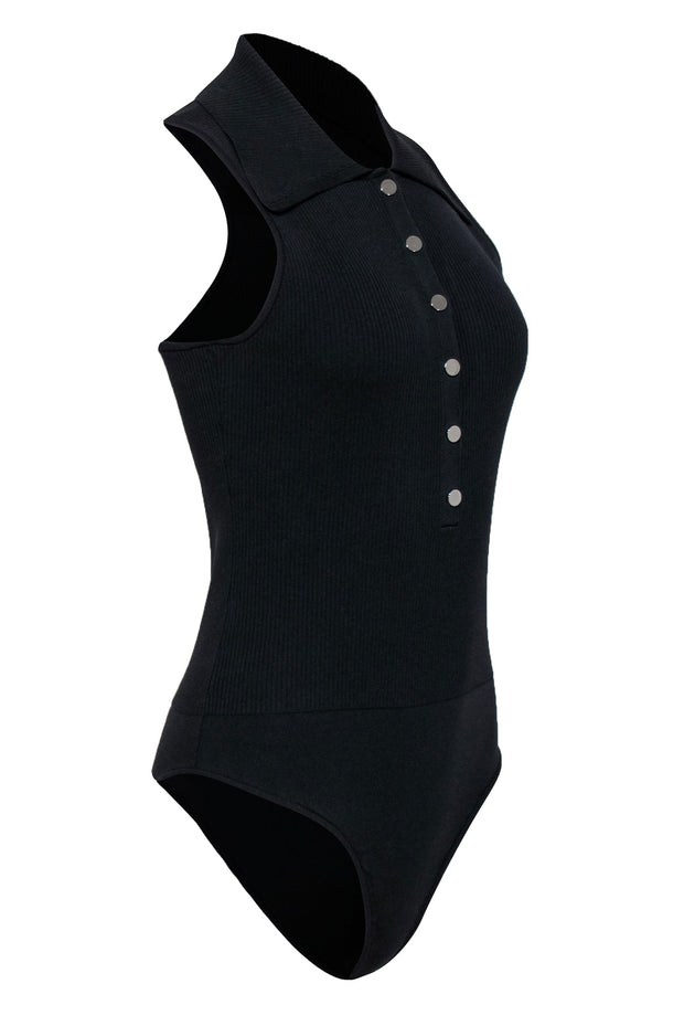 Current Boutique-Tibi - Black Ribbed Pointed Collar Bodysuit w/ Silver Buttons Sz M