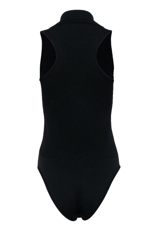 Current Boutique-Tibi - Black Ribbed Pointed Collar Bodysuit w/ Silver Buttons Sz M
