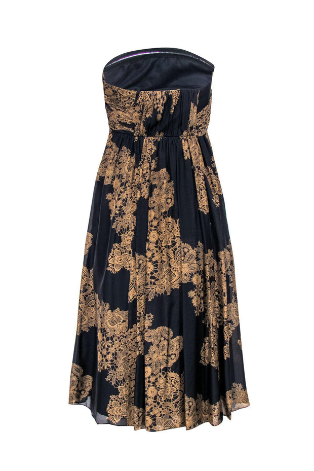 Current Boutique-Tibi - Black & Tan Lace Pattern Strapless Silk A-Line Dress Sz 2