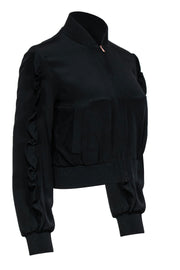 Current Boutique-Tibi - Black Zip-Up Silk Bomber Jacket w/ Ruffled Trim Sz XS