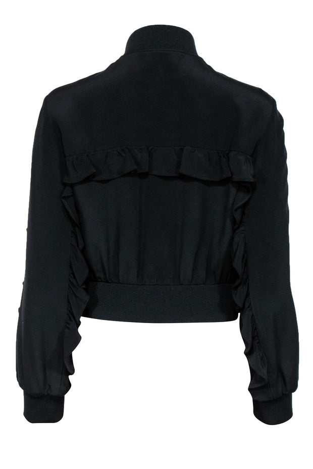Current Boutique-Tibi - Black Zip-Up Silk Bomber Jacket w/ Ruffled Trim Sz XS