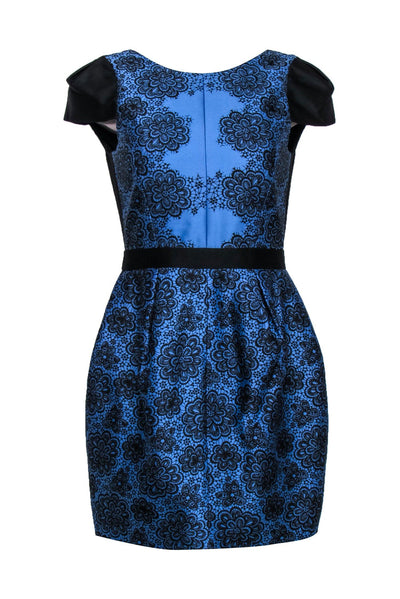 Current Boutique-Tibi - Blue & Black Floral Print Cap Sleeve Dress Sz 4