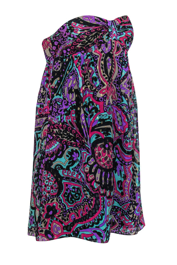 Current Boutique-Tibi - Blue & Multicolored Metallic Bohemian Print Strapless Empire Waist Dress Sz 2