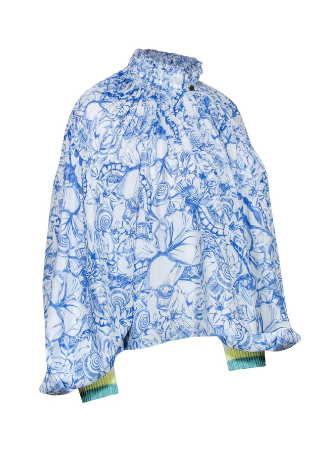 Current Boutique-Tibi - Blue & White Floral Printed Blouse w/ Pleated Neckline Sz 8