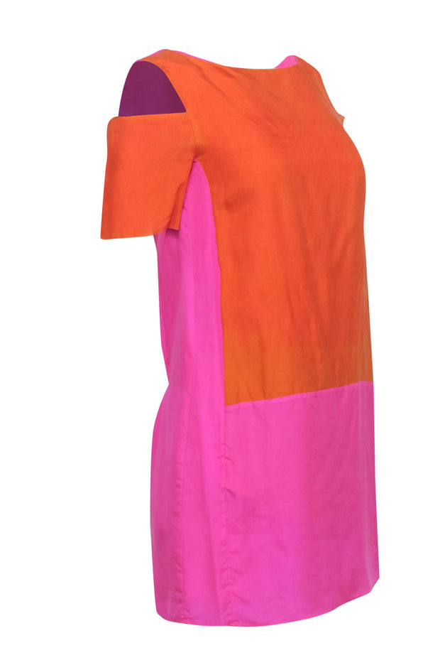 Current Boutique-Tibi - Bright Pink & Orange Cold Shoulder Silk Shift Dress Sz 2