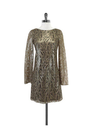 Current Boutique-Tibi - Gold Metallic Lace Long Sleeve Open Back Dress Sz 2