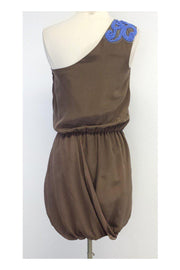 Current Boutique-Tibi - Taupe Silk Beaded One Shoulder Dress Sz S