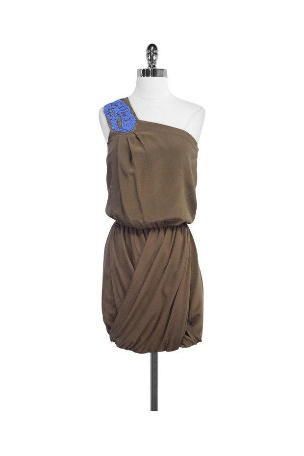 Current Boutique-Tibi - Taupe Silk Beaded One Shoulder Dress Sz S