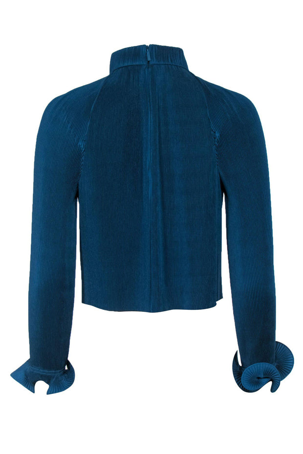 Tibi - Teal Pleated Mock Turtleneck Cropped Blouse w/ Flared Cuffs
