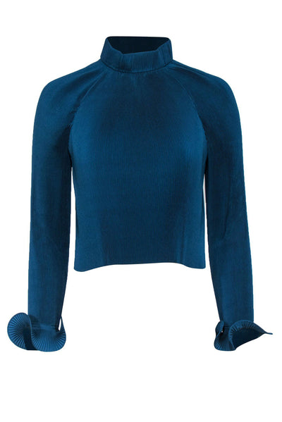 Current Boutique-Tibi - Teal Pleated Mock Turtleneck Cropped Blouse w/ Flared Cuffs Sz XS