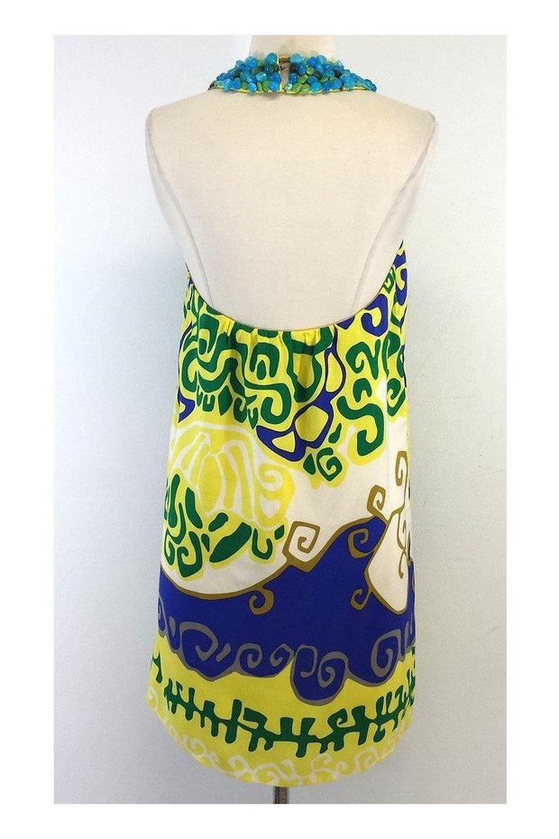 Current Boutique-Tibi - Yellow & Blue Print Silk Halter Beaded Dress Sz 2