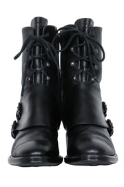 Current Boutique-Tod's - Black Lace Up & Double Buckle Combat Boot Sz 8
