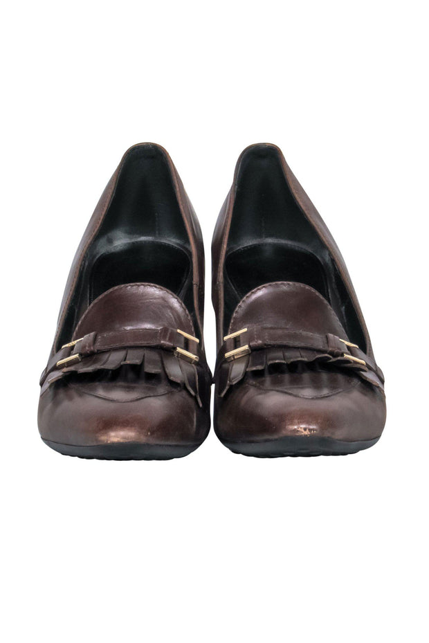 Current Boutique-Tod's - Brown Leather Stacked Loafer Heels w/ Fringe Sz 8