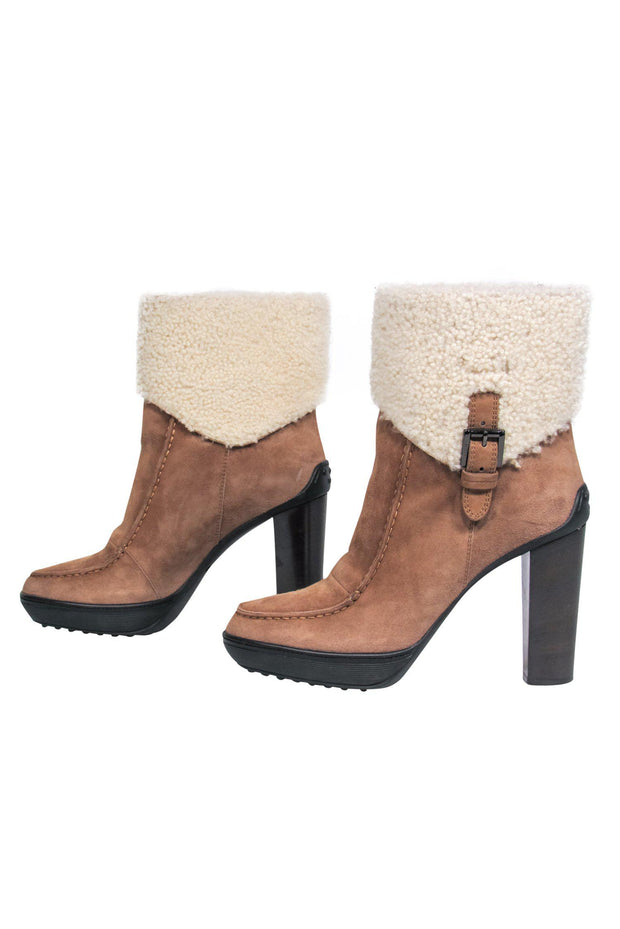 Current Boutique-Tod's - Brown Suede Heeled Booties w/ Shearling Trim Sz 8