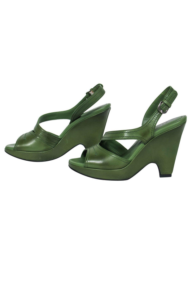Current Boutique-Tod's - Green Leather Strappy Open Toe Wedges Sz 7