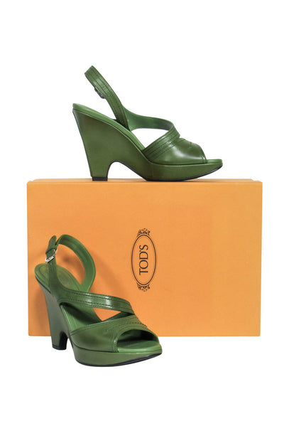Current Boutique-Tod's - Green Leather Strappy Open Toe Wedges Sz 7