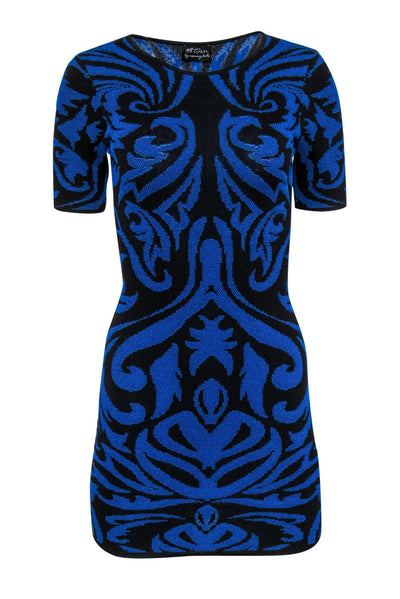 Current Boutique-Torn by Ronny Kobo - Blue & Black Filigree Patterned Bandage Dress Sz XS