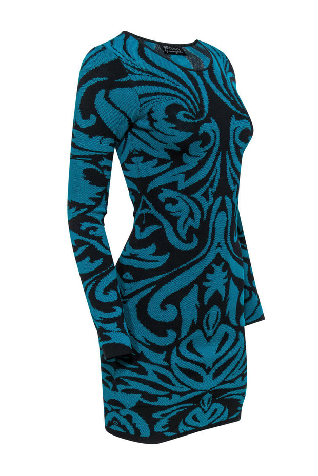 Current Boutique-Torn by Ronny Kobo - Teal & Black Scrolled Patterned Bandage Dress Sz S