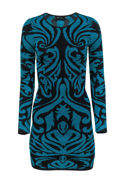Current Boutique-Torn by Ronny Kobo - Teal & Black Scrolled Patterned Bandage Dress Sz S