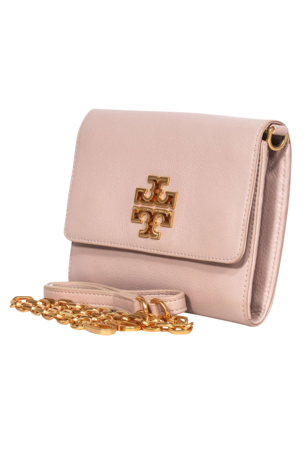 Tory Burch Britten Leather Pale Pink Gold Chain Strap Crossbody Clutch Bag