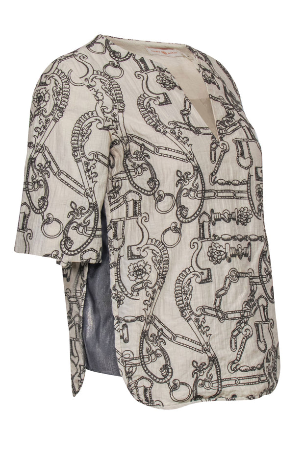 Current Boutique-Tory Burch - Beige & Grey Cotton Linen Embroidered Top w/ Metallic Contrast Sides Sz 4