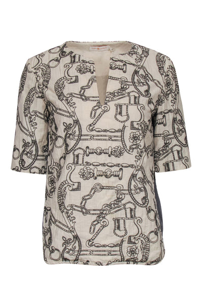 Current Boutique-Tory Burch - Beige & Grey Cotton Linen Embroidered Top w/ Metallic Contrast Sides Sz 4