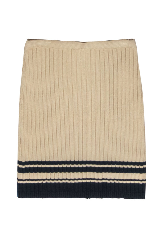 Current Boutique-Tory Burch - Beige & Navy Ribbed Knit Sweater Skirt w/ Striped Trim Sz S