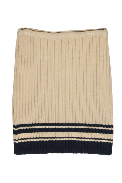 Current Boutique-Tory Burch - Beige & Navy Ribbed Knit Sweater Skirt w/ Striped Trim Sz S