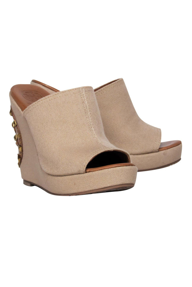 Current Boutique-Tory Burch - Beige Open Toe Wedges w/ Studded Logo Sz 7.5