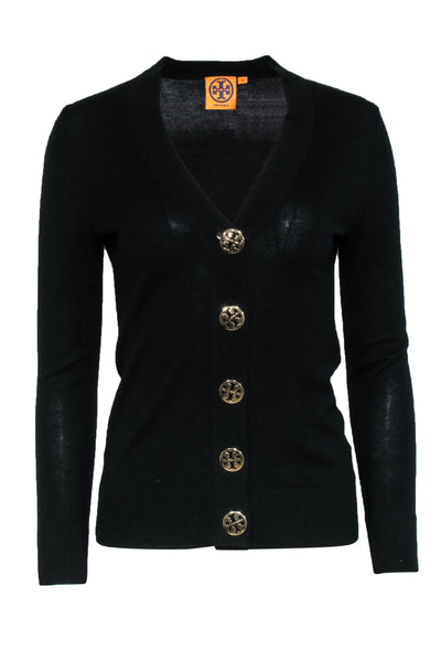 Current Boutique-Tory Burch - Black Button-Up Merino Wool Cardigan w/ Gold Logo Buttons Sz XS