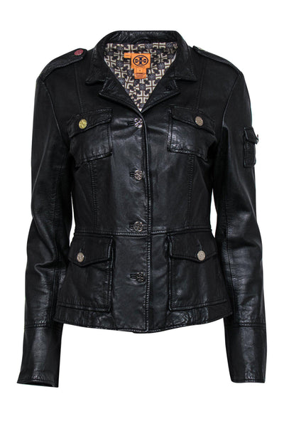 Current Boutique-Tory Burch - Black Crinkled Leather Jacket w/ Silver Buttons Sz 10