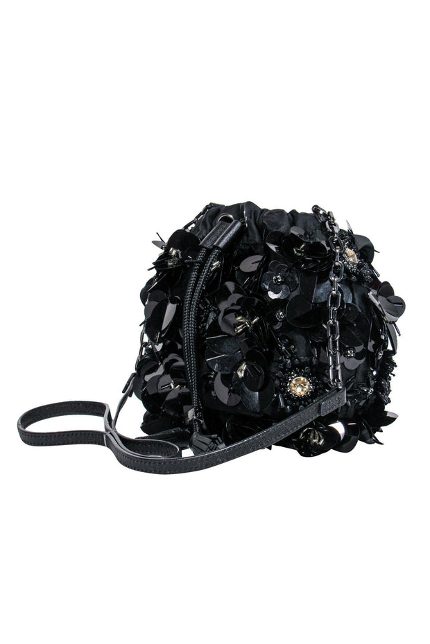 Current Boutique-Tory Burch - Black Floral Embellished Drawstring Crossbody