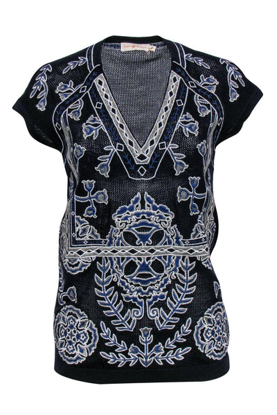 Current Boutique-Tory Burch - Black Knit Short Sleeved Top w/ Embroidery Sz S