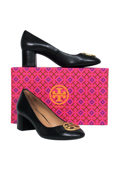 Current Boutique-Tory Burch - Black Leather Block Heel Pumps w/ Logo Buckle Sz 9