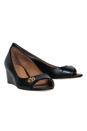Current Boutique-Tory Burch - Black Leather Open-Toe Wedges w/ Gold Logo Sz 6