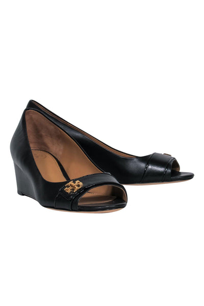 Current Boutique-Tory Burch - Black Leather Open-Toe Wedges w/ Gold Logo Sz 6