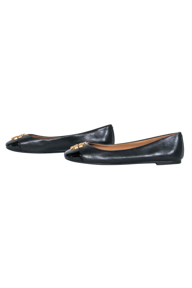 Current Boutique-Tory Burch - Black Leather Patent Toe Ballet Flats w/ Golden Logo Sz 7