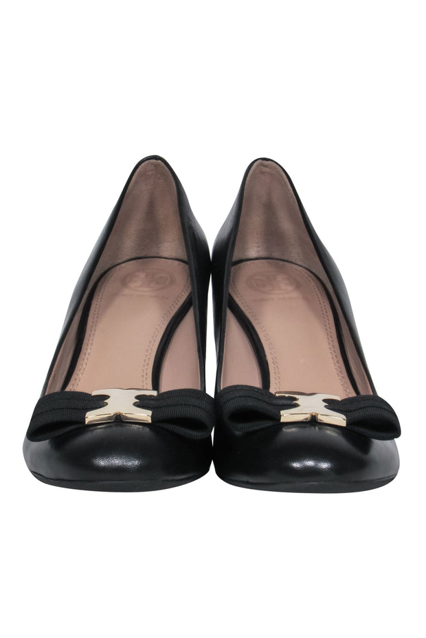 Current Boutique-Tory Burch - Black Leather Rounded Toe Wedges w/ Bows Sz 8