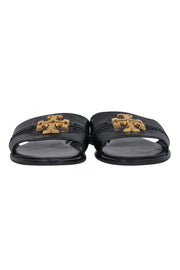 Current Boutique-Tory Burch - Black Leather Slide Sandals w/ Gold-Toned Logo Sz 8