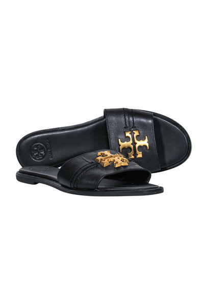 Current Boutique-Tory Burch - Black Leather Slide Sandals w/ Gold-Toned Logo Sz 8